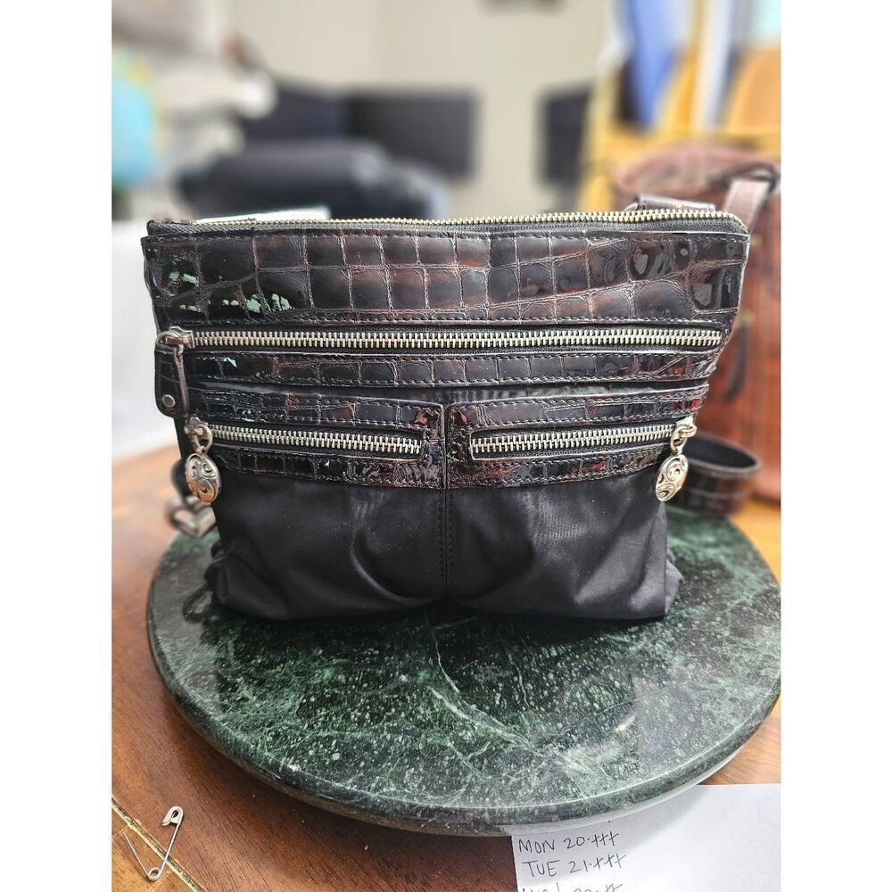 Brighton Black Brown Nylon Croc Inspired Patent Leather Crossbody Purse Vintage